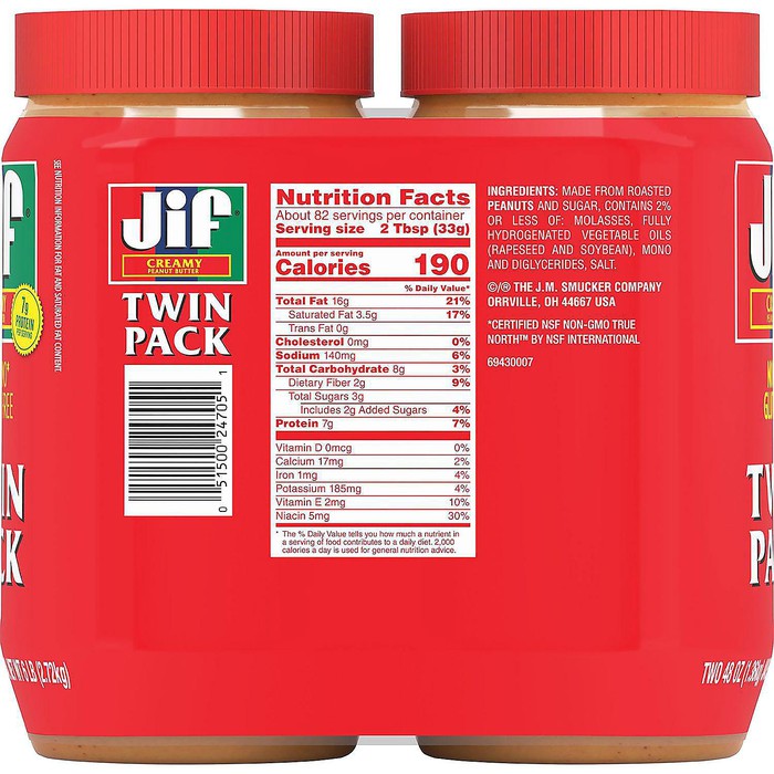 Jif Creamy Peanut Butter 48 Ounce 2Count (6lb Total)Twin Pack