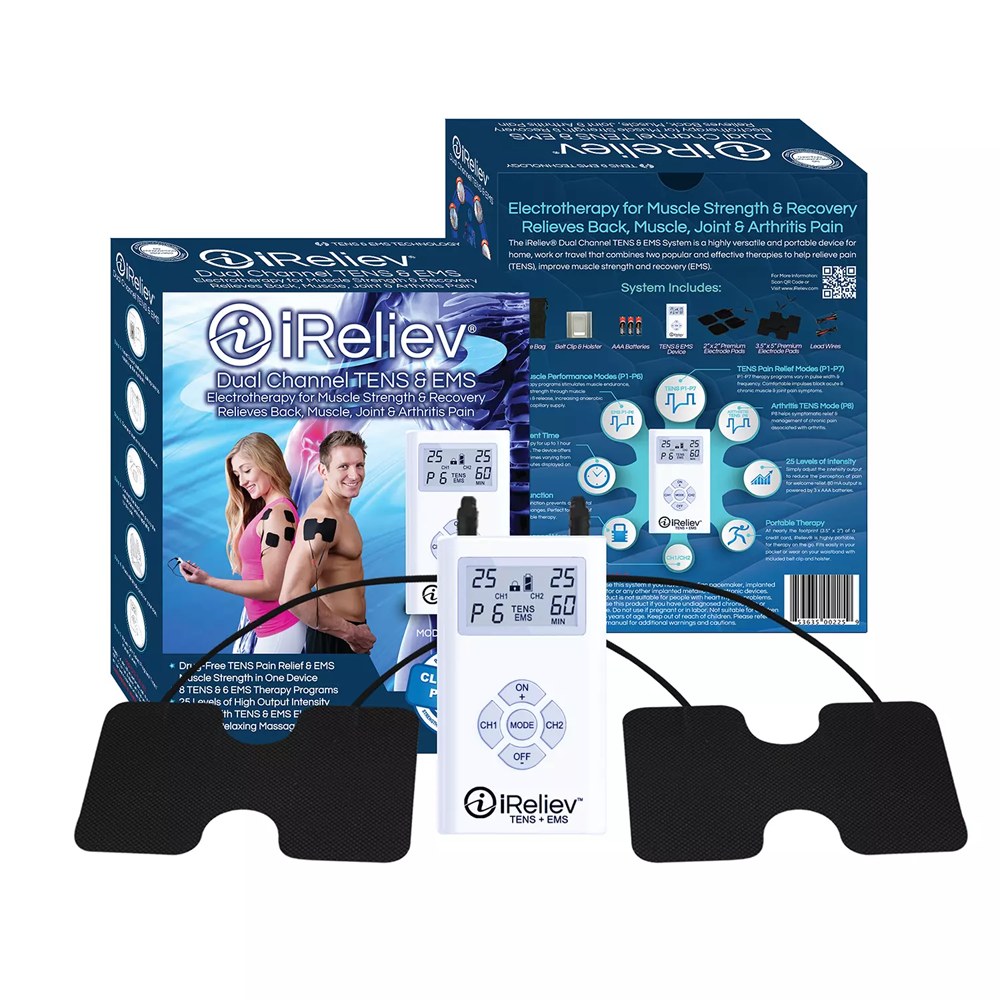 iReliev Dual Channel TENS + EMS System with Electrode Pads (2 sizes