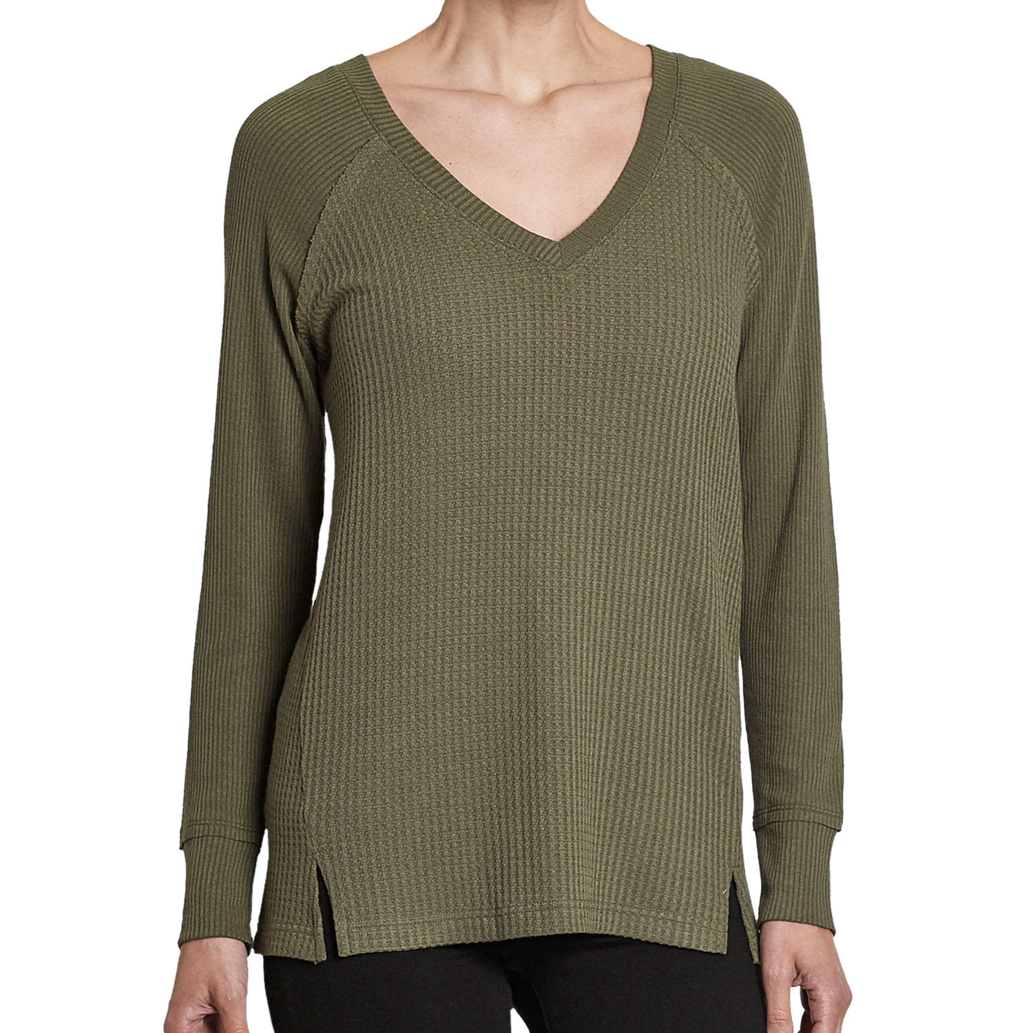 Candt Women S Long Sleeve Waffle Knit Top Olive Green Small Ebay