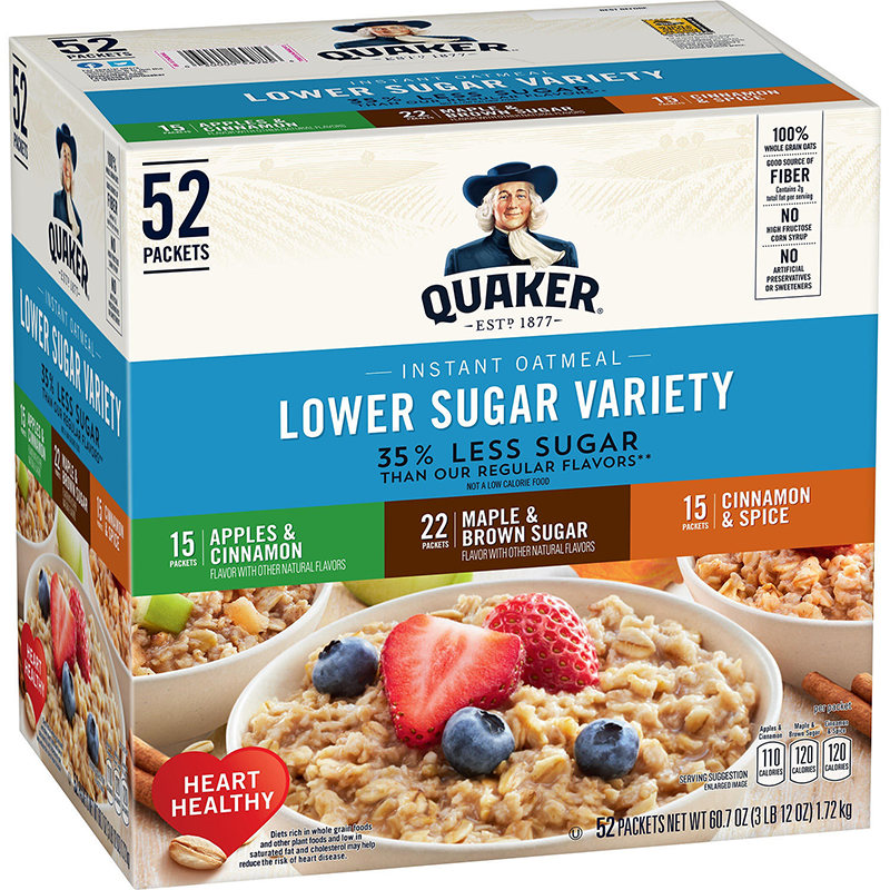 Calories In Low Sugar Oatmeal Quaker 35% Lower Sugar Instant Oatmeal, 3 Flavor Variety Pack (52 pack